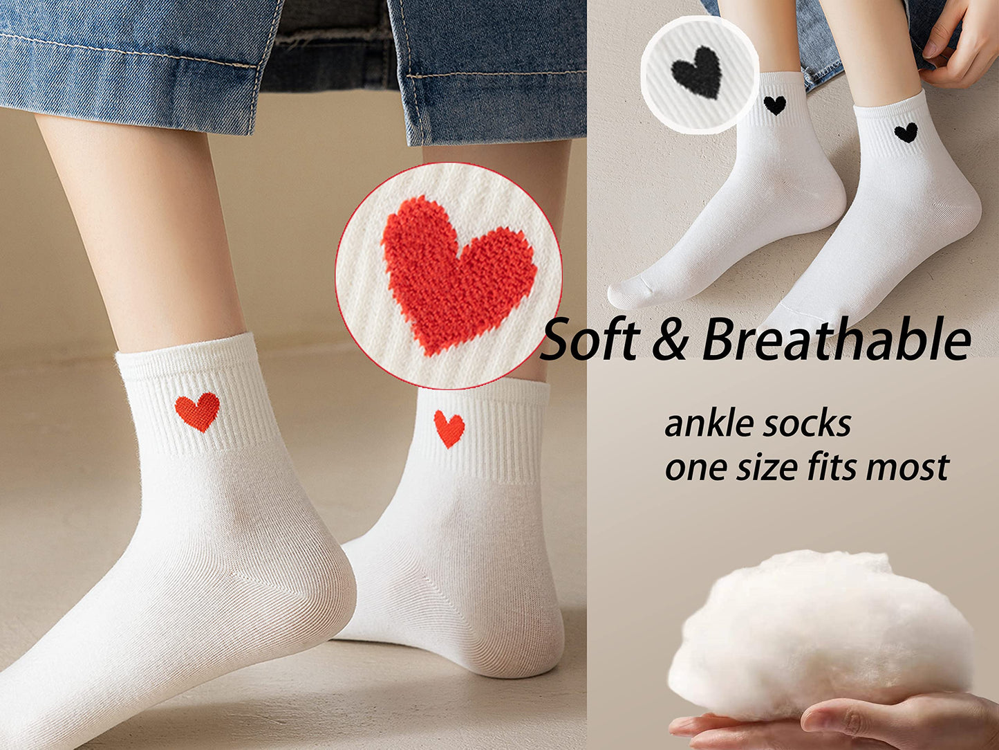CHUNFO Cute Heart White Red Ankle Women Socks Frilly Fun Bear Pattern Long Crew Novelty Aesthetic Girls Sock 4 & More Pairs