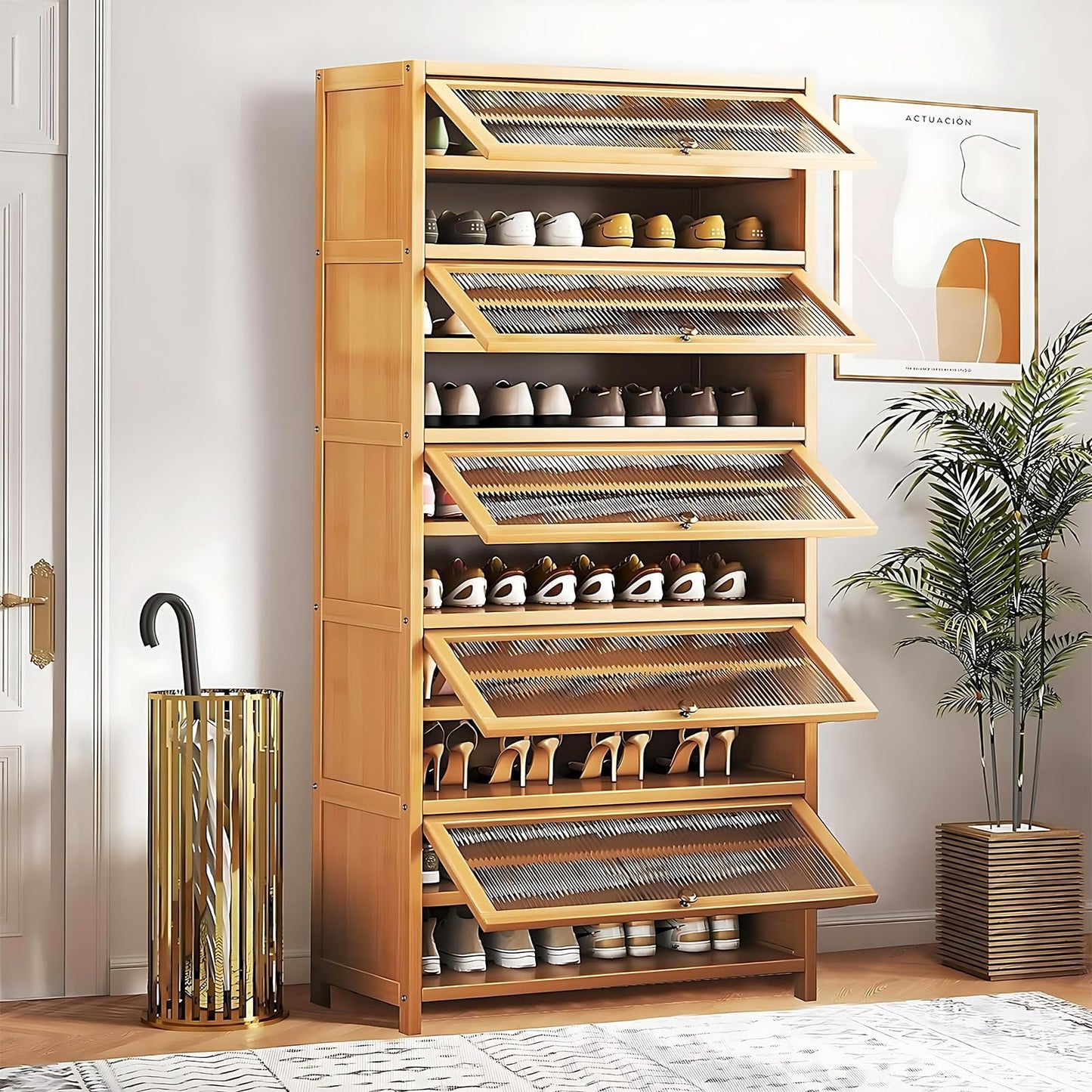 sasygfi Shoe Rack Organizer for Closet Entryway, Tall Shoes Cabinet with Acrylic Doors, 10-Tier 40 Pairs Bamboo Shoe Cabinet, Large Shoe Storage Cabinet for Hallway, Living Room, Bedroom