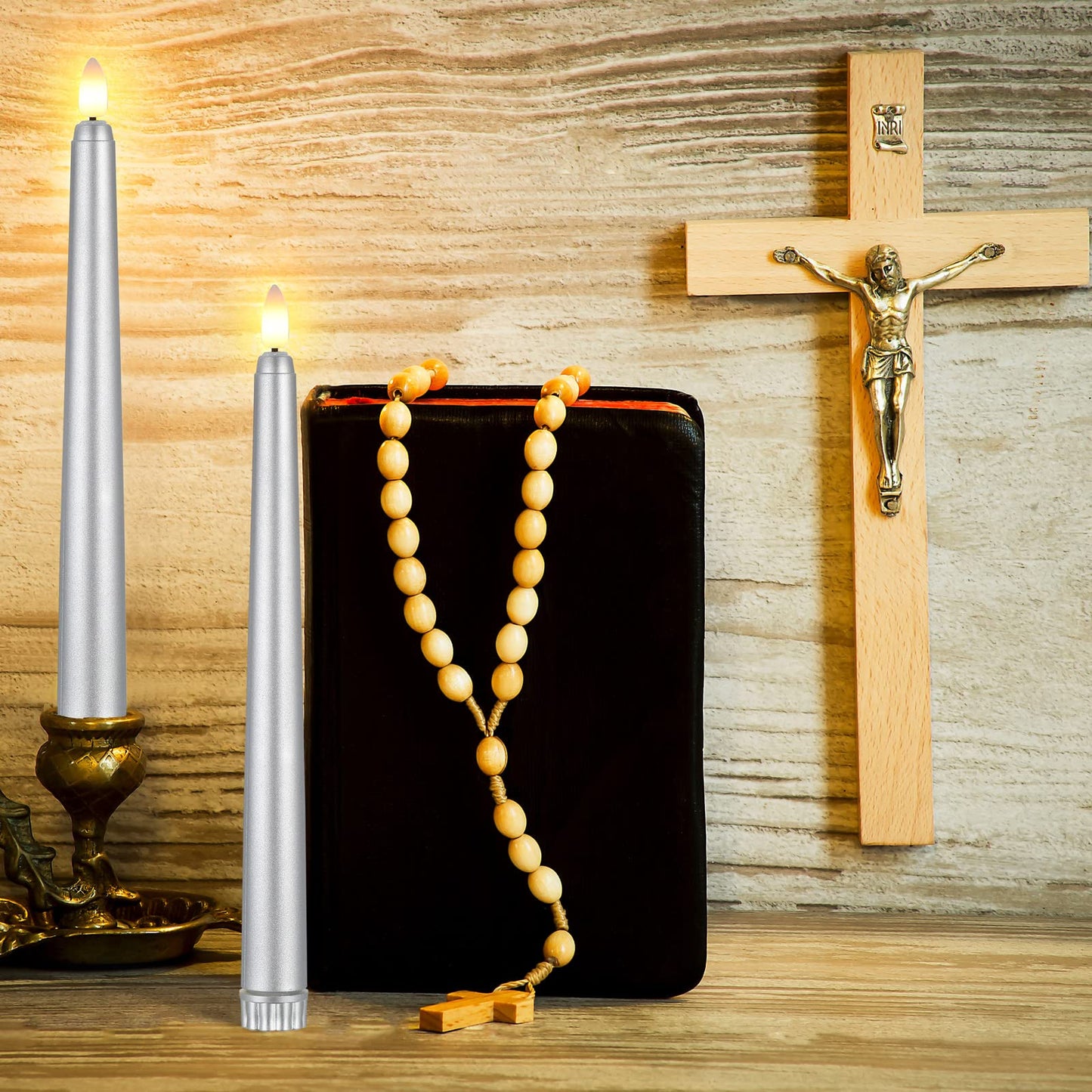 Macarrie 24 Packs Flameless Taper Candles Battery Operated Fake 11 Inch Long Candlelight LED Flameless Candlesticks Flickering Tapered for Christmas Church Prayer New Year Wedding(Silver)