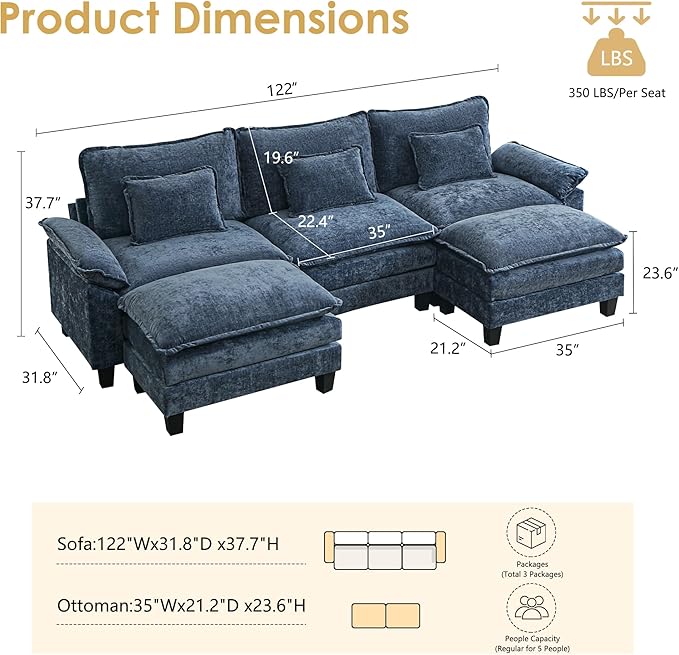 URRED Cloud Couch Modular Sectional Sofa, 122" Modern U Shaped Deep Seat Sofa with 2 Ottomans & Pillows, Ultra Comfy Chenille Couches for Living Room, Bedroom or Apartment, Blue