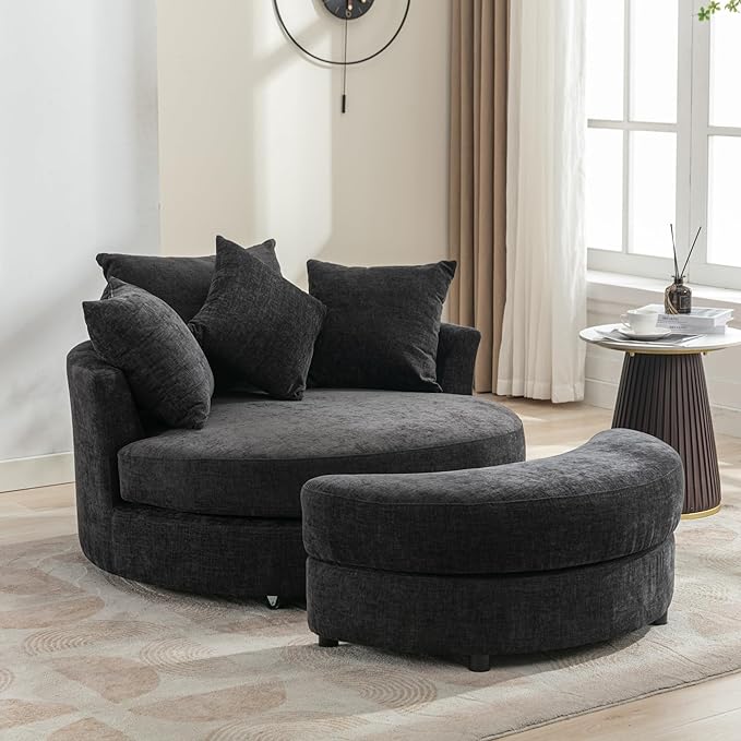 Yoglad Oversized Round Swivel Accent Chair - Modern 360 Degree Barrel Chairs with Storage Ottoman, for Living Room, Bedroom(Chenille- Gray)