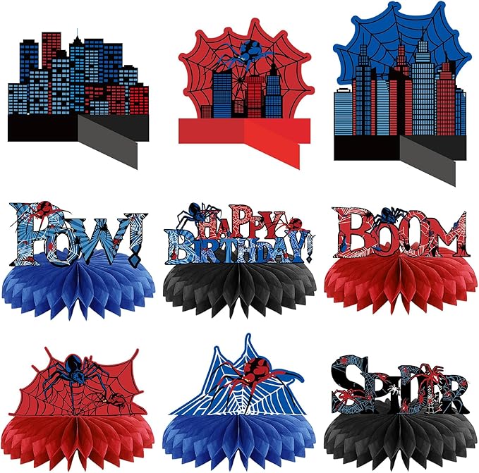 Outus 9 Pcs Spider Birthday Party Decorations Spider Honeycomb Centerpiece 3D Table Topper Standing Decorations Hero Web T...