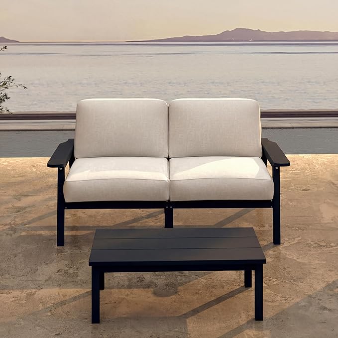Patio Kingdom Patio Furniture Set 2 Seats, HDPE Outdoor Sectional with Beige Washable Thick Cushions, Coffee Table, Patio Conversation Sets for Lawn, Garden, Porch, Balcony, Deck (Black Frame)