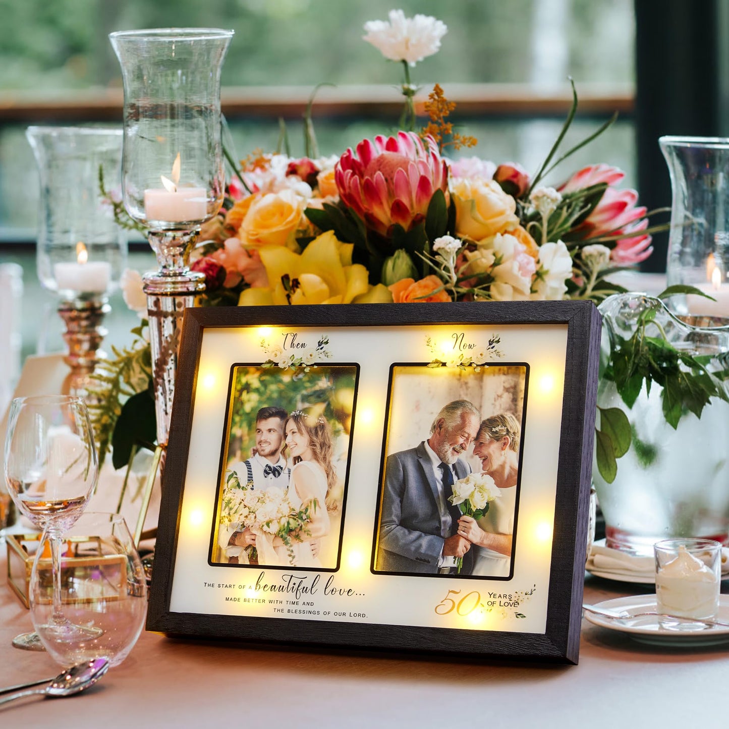 Then & Now 50th Anniversary Picture Frame for Couple, Celebrate Years of Love Anniversary Wooden Photo Frame for Parents, Husbands, Wives, Wedding Engagement Gifts, Double Frame 4x6 Photos Black