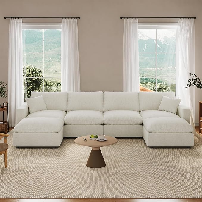 Cloud Couch Modular Sectional Sofa, 123.8" 6-Seater U Shaped Sectional Couches for Living Room, Convertible Cloud Sofa with Ottoman, Down Filled Wide & Deep Seat, Removable Washable Cushion Covers
