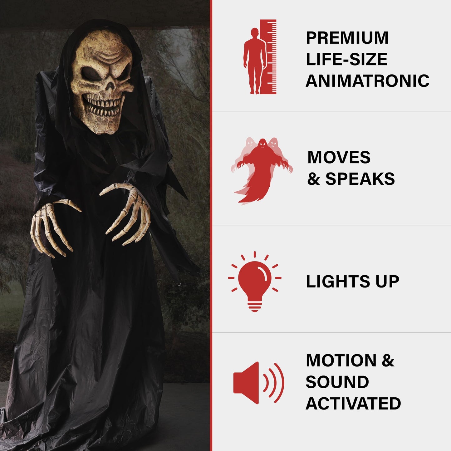 Haunted Hill Farm Motion-Activated Hunched Skeleton Reaper by Tekky, Talking Halloween Animatronic for Indoor or Covered Outdoor Creepy Halloween Decorations, Plug-in or Battery Operated Fright Props