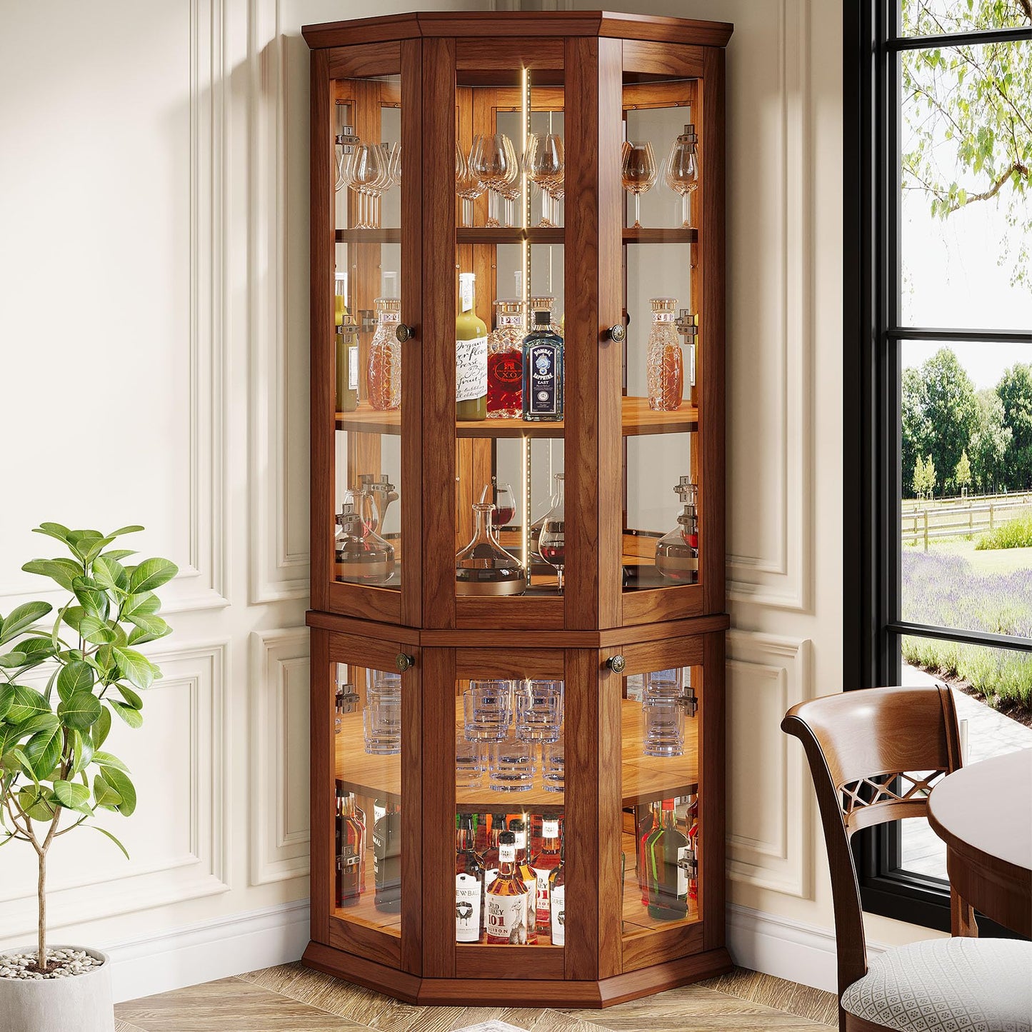 Tribesigns 70.87-Inch Corner Bar Cabinet, Tall Modern Corner Wine Cabinet with Doors & LED Lights, 5-Tier Home Bar Liquor Cabinet for Dining Room, Living Room, Kitchen, Rusitc Brown