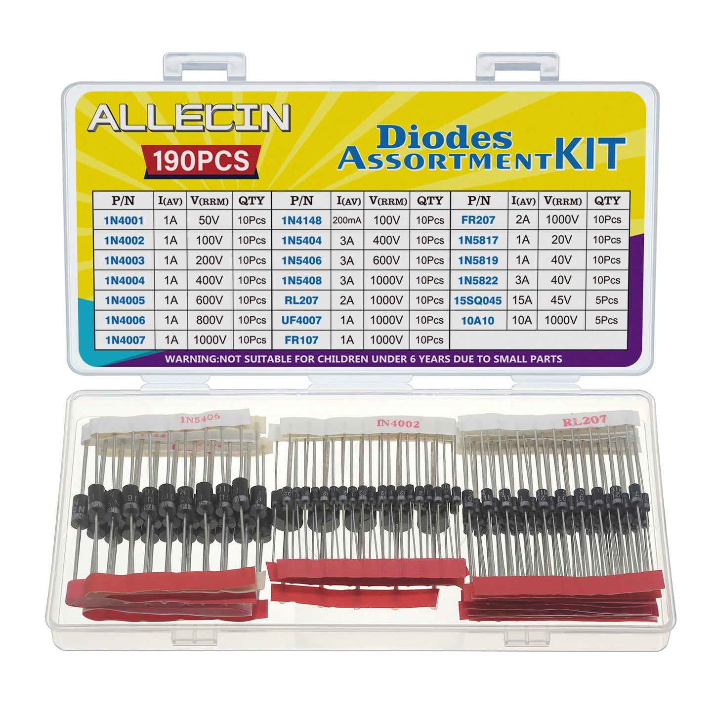 ALLECIN 20Values Diodes Kit 1N4001 1N4002 1N4003 1N4004 1N4005 1N4006 1N4007 1N4148 1N5404 1N5406 1N5408 RL207 UF4007 FR107 FR207 1N5817 1N5819 1N5822 15SQ045 10A10 Rectifier Schottky Diode Assortment
