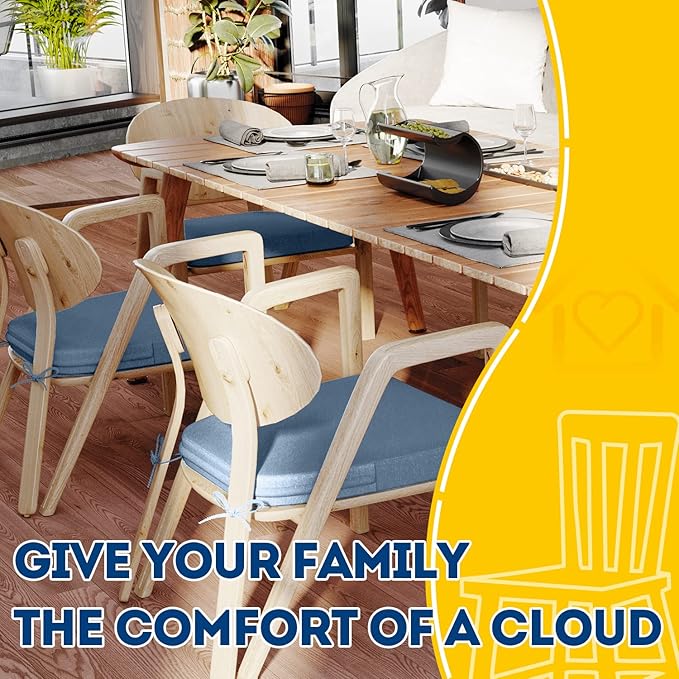 AAAAAcessories D-Shaped Chair Cushions, 2" Thick Dining Chair Pads with Ties and Removable, Machine-Washable Cover, 17" x 16", Set of 4, Light Blue