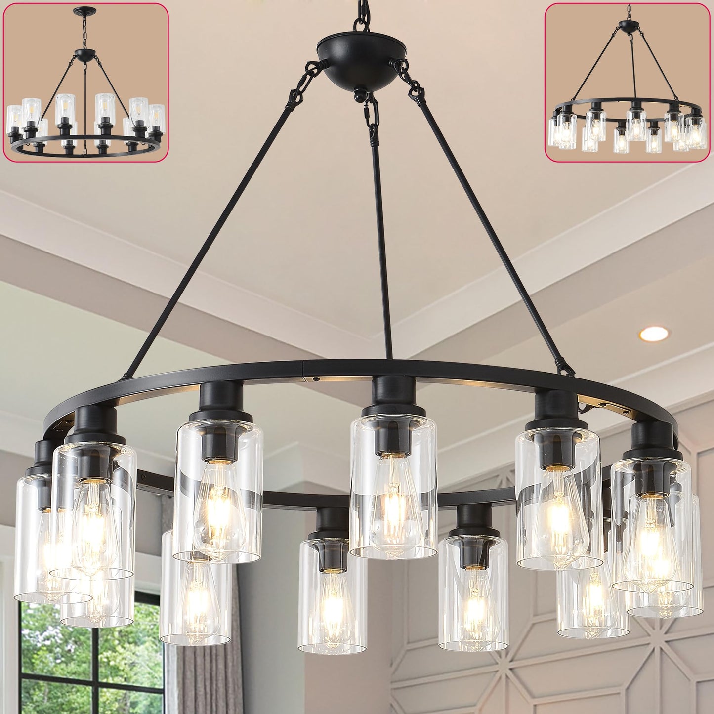 JTYP 32“ Black Wagon Wheel Chandelier, 12-Light Farmhouse Glass Pendant Lights Kitchen Island Round Hanging Lighting fixtures Ceiling for Living Room, Dining Room, Kitchen Island, Entryway, Foyer