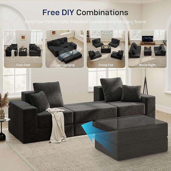 Cloud Modular Sectional Sofa, Comfy Boneless Couch for Living Room, Modern L-Shaped Couch with Reversible Chaise, Customizable Sleeper Sofa with Non Slip, No Assembly & Deep Seat, Black
