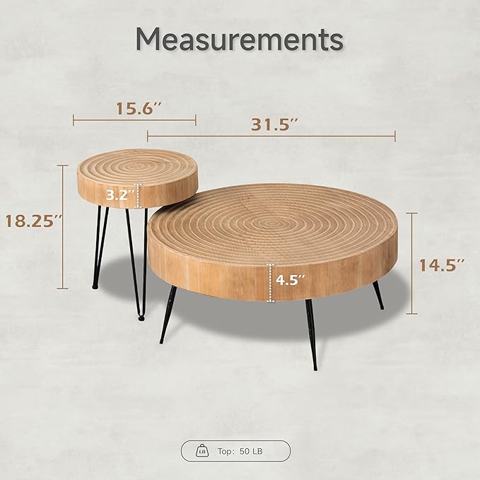 COZAYH 2-Piece Round Nesting Coffee Table Set, Natural Wood Top with Black Metal Legs, Ring Pattern – Rustic Farmhouse Accent for Living Room or Bedroom – Space-Saving Modern Furniture