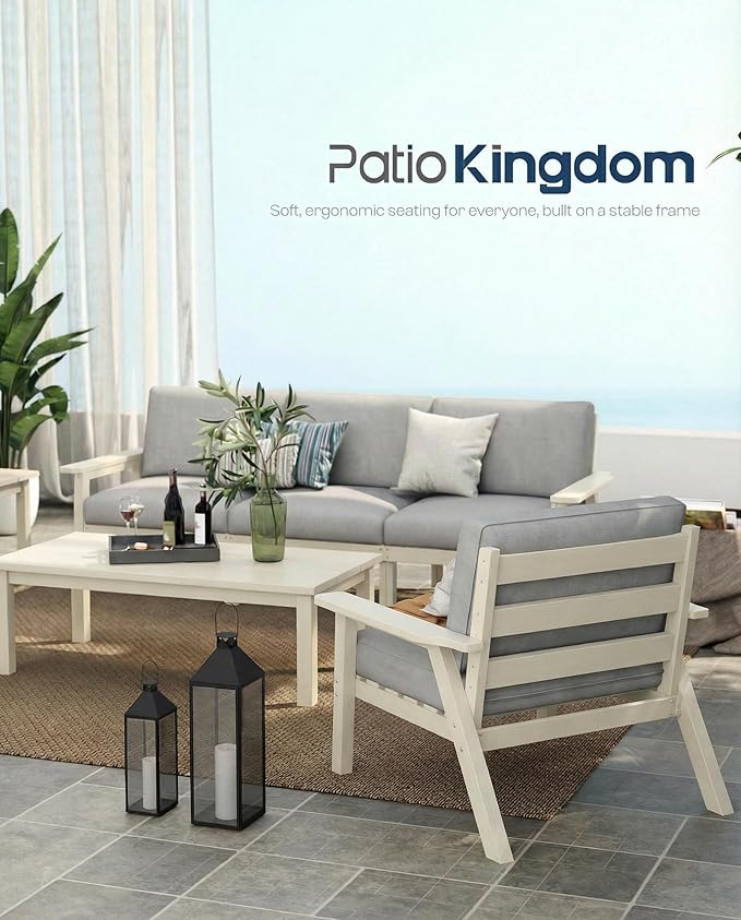 Patio Kingdom Patio Furniture Set 3 Seats, HDPE Outdoor Sectional with Washable Gray Thick Cushions, Coffee Table & Side Table, Patio Conversation Sets for Lawn, Garden, Porch, Balcony (White Frame)