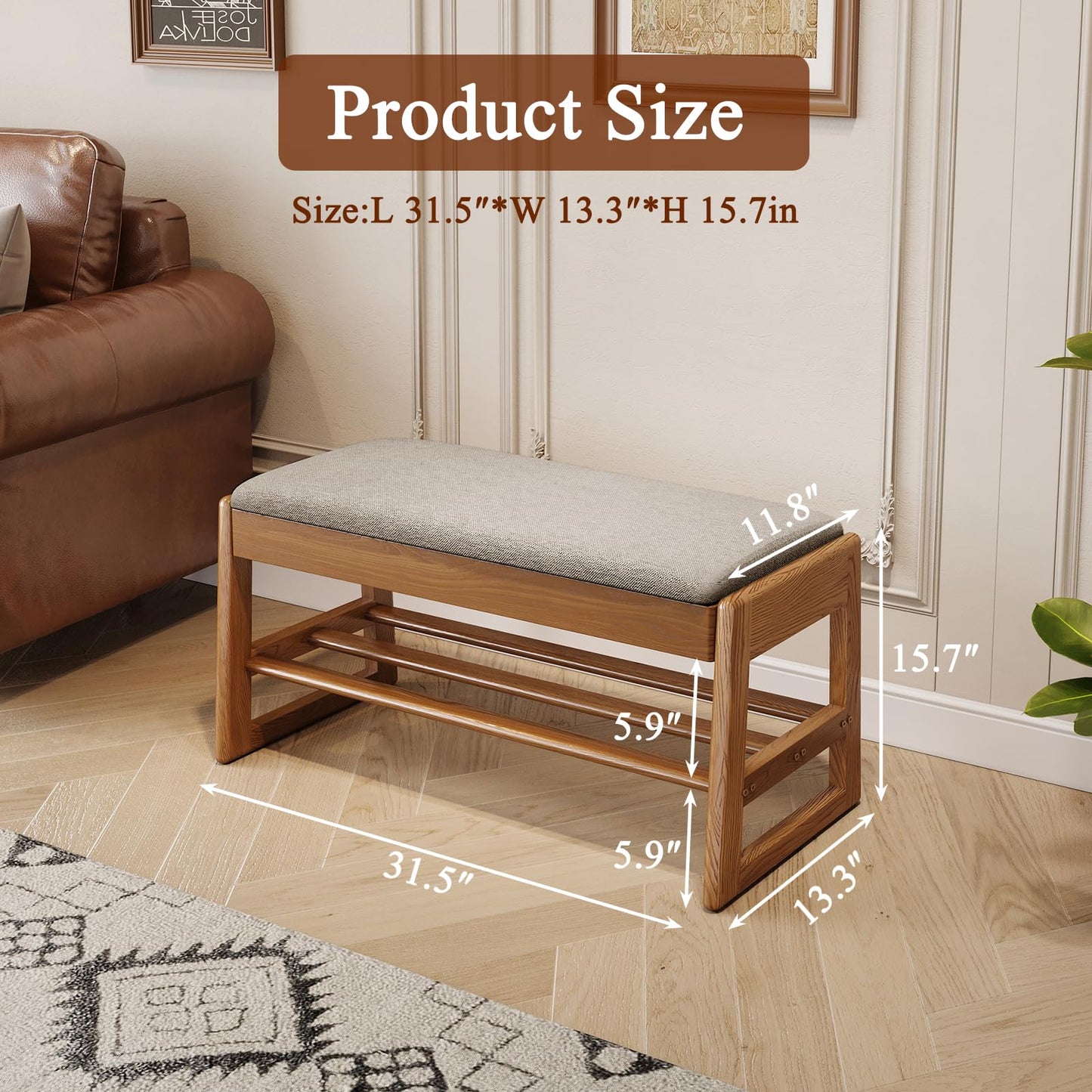 IUNVR Shoe Rack Bench with Cotton-Linen Cushion 2-Tier Wooden Storage Bench 550lbs Compact Simple & Modern Design for Entryway, Hallway, Bedroom, Living Room, Closet, Front Door Entrance, Foyer