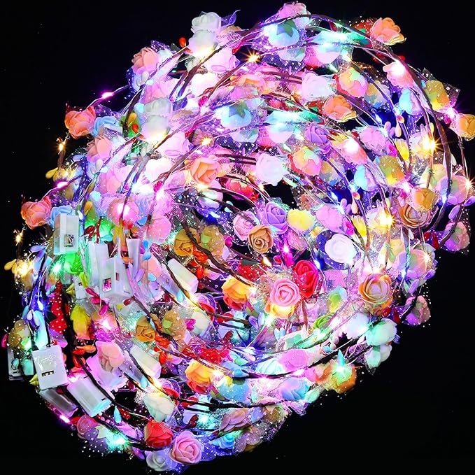 Syhood Valentines Day Gifts, 50 Pcs LED Flower Crowns Headbands, Light up Flower Crowns for Women, Glow in the Dark Headba...