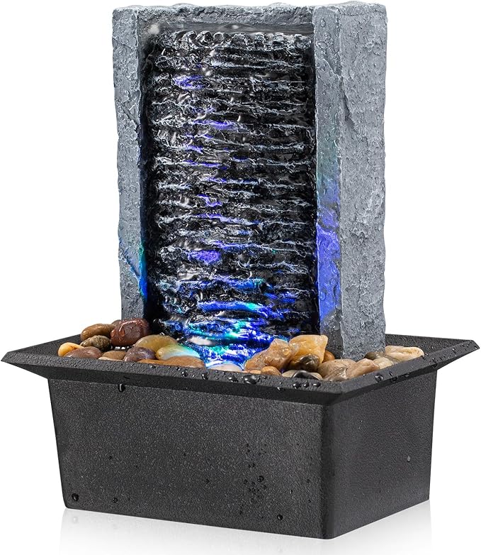 Tabletop Fountain Indoor Waterfall Rock Fountain LED-Lights Water Feature Waterfall for Modern Home and Office Indoor Deco...