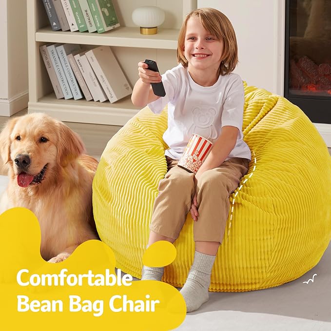 Homguava 2FT Bean Bag Chair,Teardrop Bean Bags Small Beanbag Chair with Memory Foam Filled and Ultra Soft Corduroy Cover for Living Room, Bedroom (Yellow)