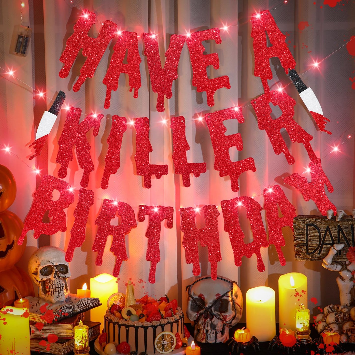Silipull Light Up Glitter Have a Killer Birthday Banner Lighted Halloween Birthday Banner Gothic Decor Horror Movie Party Halloween Zombie Vampire Party Decoration Supplies