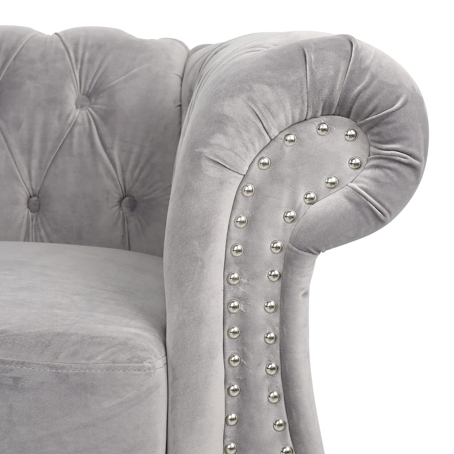 Chesterfield Sofa Velvet, Modern Tufted Couch 3 Seater with Rolled Arms and Nailhead for Living Room, Bedroom, Office, Apartment (Grey)