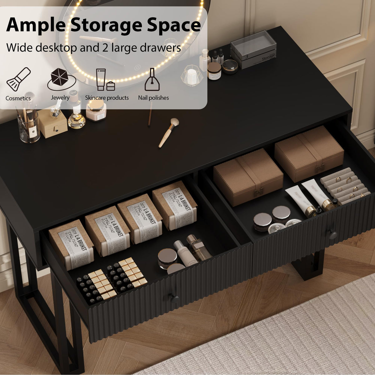 Black Vanity Desk with Mirror and Lights, Small Makeup Vanity with 2 Drawers, Modern Vanity Organizer with 3 Color Lights＆Adjustable Brightness, Dressing Table for Bedroom