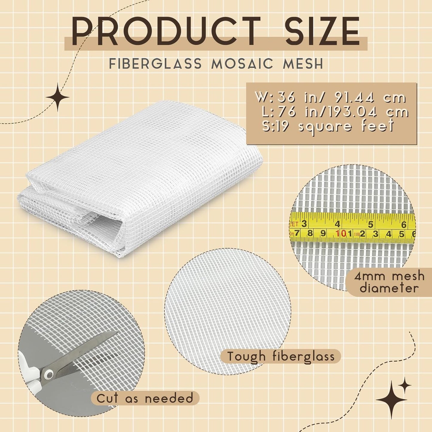 36" X 76" Mosaic Mesh for Back Mounted Tile Fiberglass Mosaic Mesh Backing Boast for Tile Installation Supplies Tools (Non Sticky)