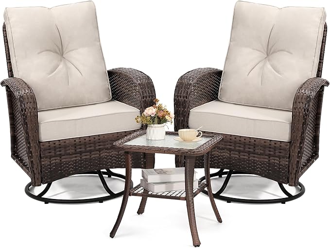 wildformers Luxury Outdoor Swivel Wicker Glider Patio Chairs with Table Set, Overstuffed Washable Cushions, Ideal for Porch, Balcony, Deck, Brown Rattan and Beige Cushion