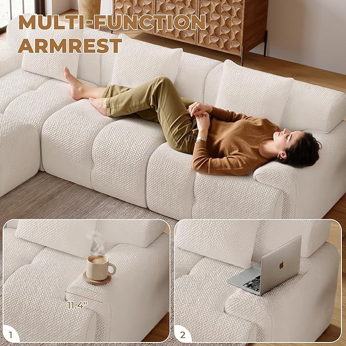 73" Modern Modular Sectional Sofa, 2 Seater Convertible Chenille Cloud Couch Sofa Set, Boneless Couches for Living Room with Ottoman, No Assembly Required, White