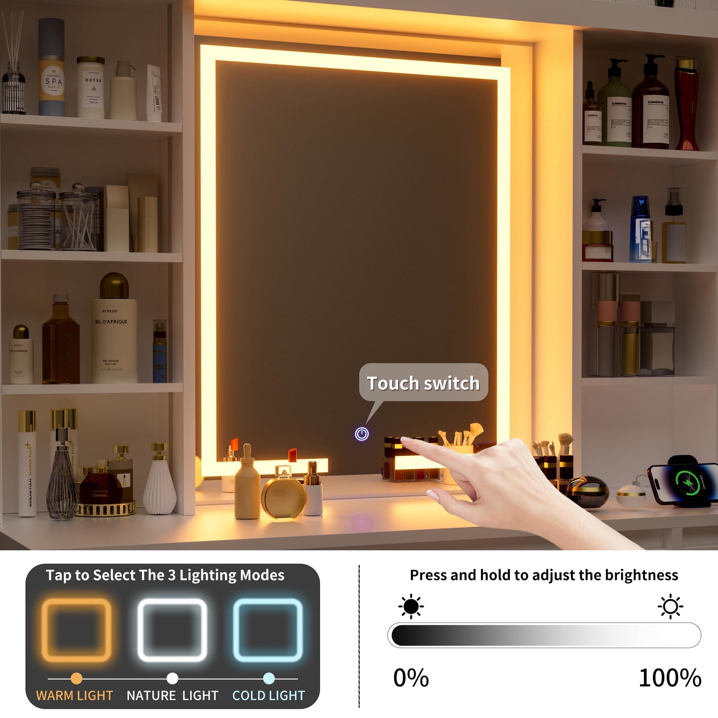 COWMOU Tall Vanity Desk with LED Mirror and RGB Lights Shelves, White Makeup Vanity with Power Outlet, Vanity Table with 5 Sliding Drawers & 2 Cabinets for for Bedroom and Dressing Room