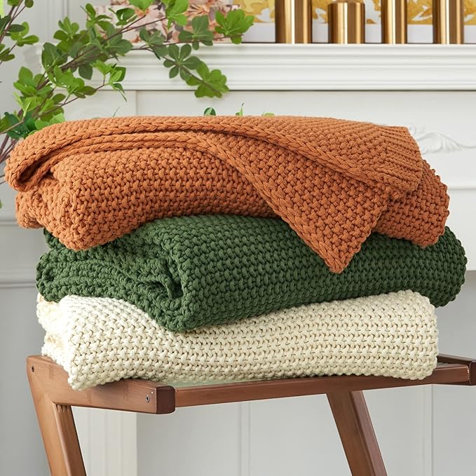Longhui bedding Chunky Cable Knit Throw Blanket Lightweight Olive Green 100% Organic Cotton Blanket for Sofa Couch Bed Bab...