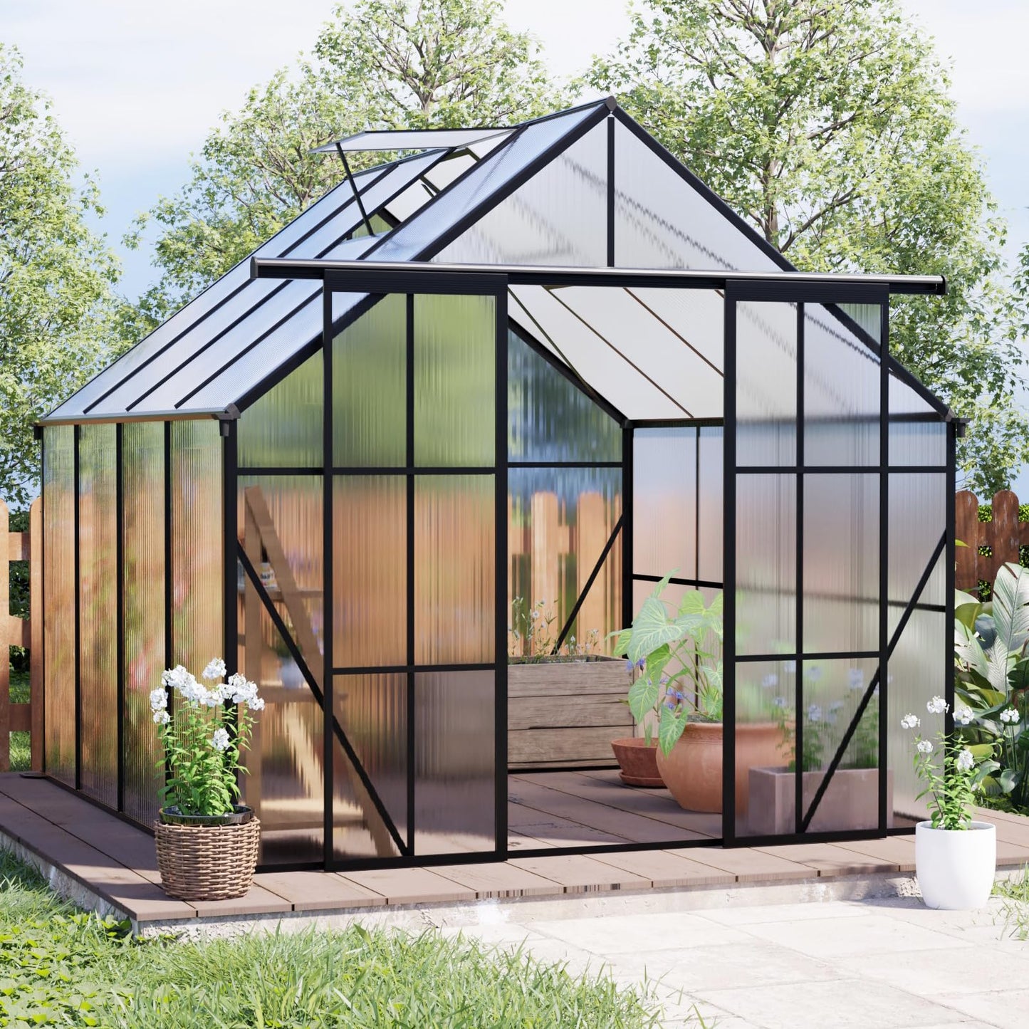 8x8 FT Black Outdoor Walk-in Polycarbonate Greenhouse Dual Sliding Doors Adjustable Roof Vent Aluminum Frame Galvanized Base Heavy Duty Backyard Gardening Plant House UV Resistant Greenhouse Kit
