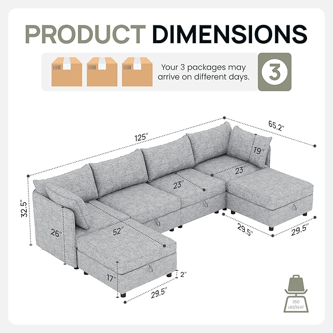Oversized Modular 6 Seater Sofa with Removable Covers and Storage, Convertible U, L-Shaped and Sleeper Sectional, Modern Sectional Couch with Ottoman Chaise for Living Room, Bedroom, Apartment, Gray