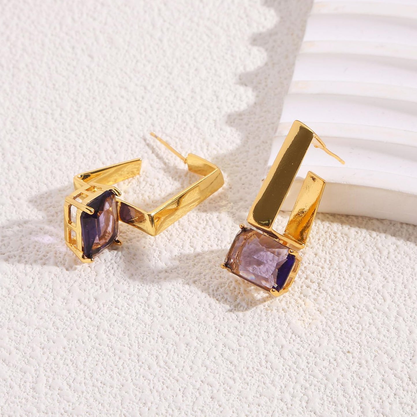 Atzeste 2025 Gold Earrings for Women, 18K Gold Plated Dangle Earrings for Women Unique Design, Trendy Purple Square Glass Drop Earrings for Fashion Jewelry Gifts