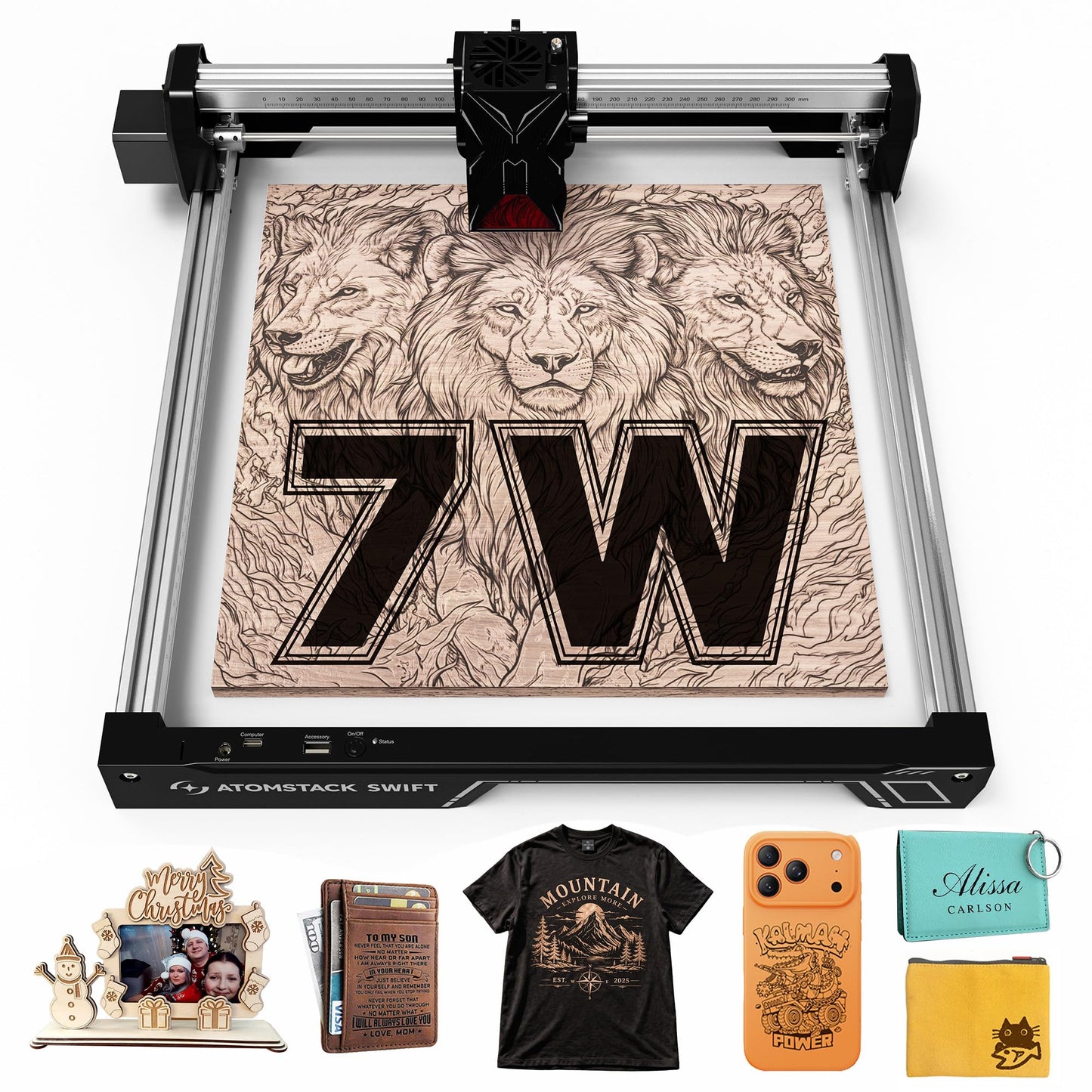 ATOMSTACK Swift 7W Laser Engraver and Cutter, 0.06mm High Accuracy Laser Engraving Machine for Wood and Metal, Dark Acrylic, Glass & Leather, DIY Laser Cutter with Eye Protection(Black)