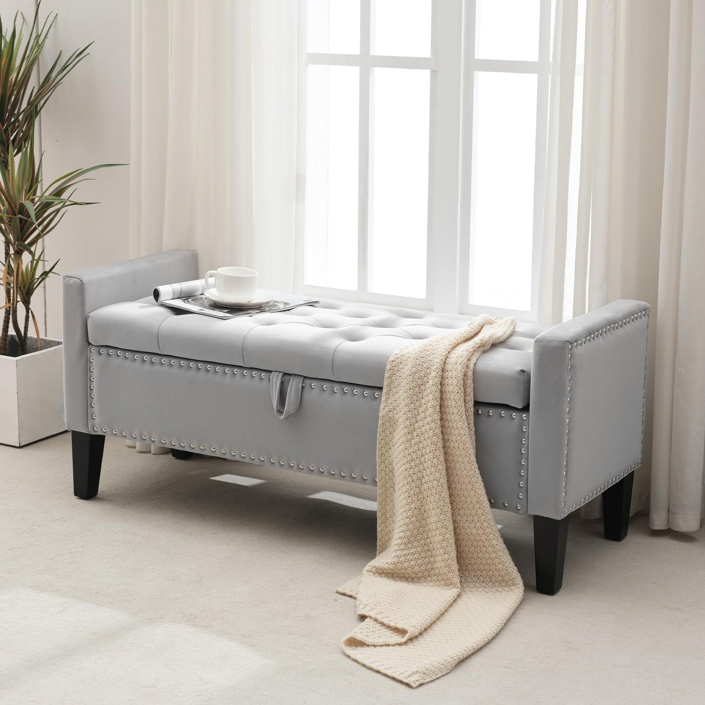 Creek Vista Velvet Storage Ottoman Bench, 45'' Upholstered Button Tufted End of Bed Bench, Modern Entryway Ottoman with Arms, Grey