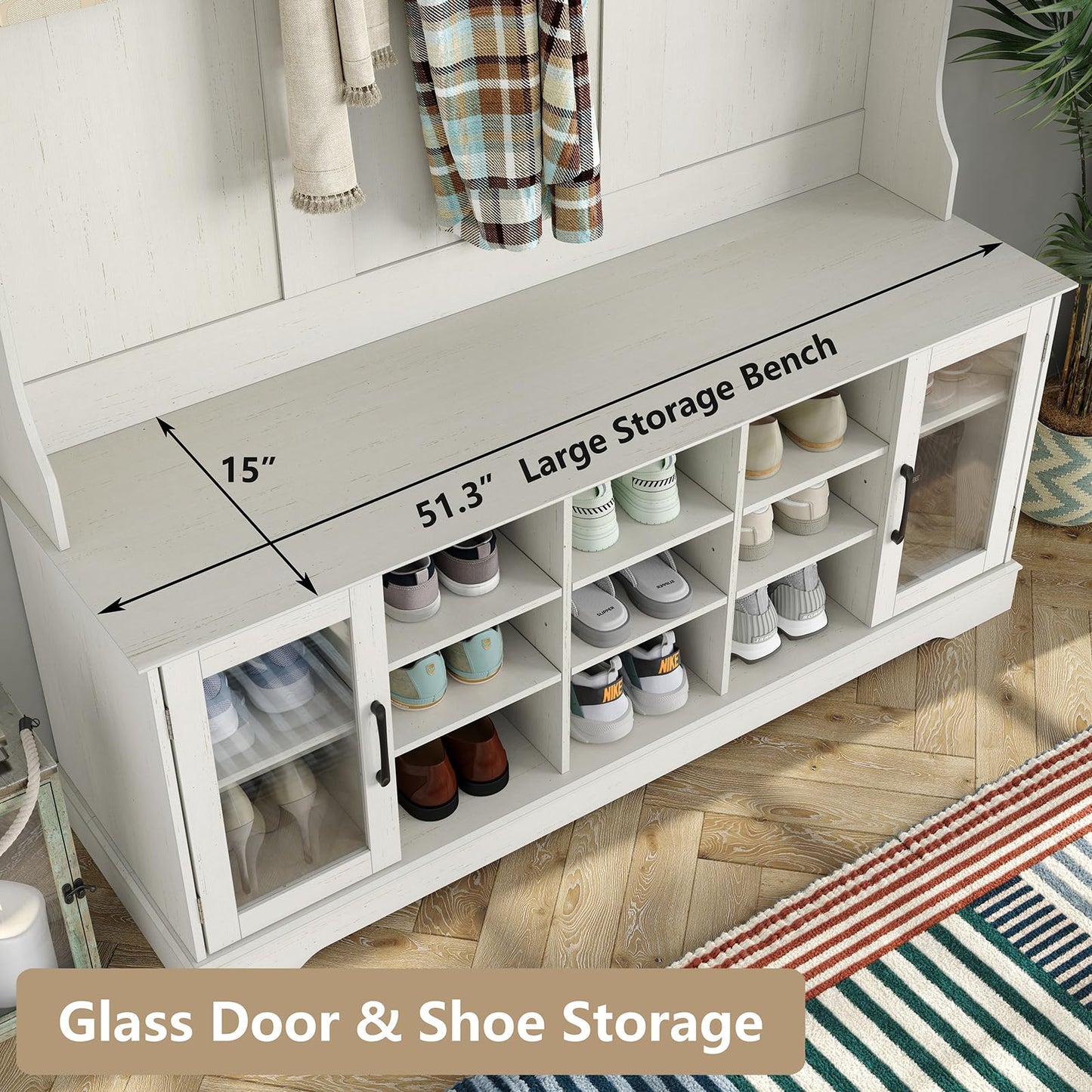 Furnihold 51.3'' Hall Tree, Off White Entryway Bench with Coat Rack, 10 Shoe Storage & 7 Coat Hooks & Adjustable Shelf, Glass Door Farmhouse Wooden Style Hall Tree with Shoe Storage Bench