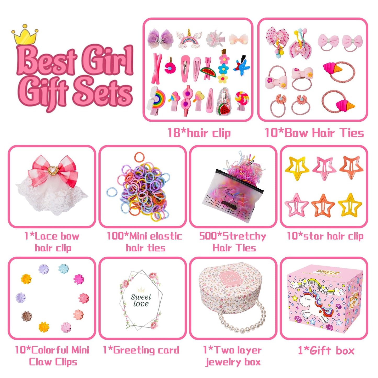 Hair Accessories for Girls Hair Clips Including Jewelry Box Hair Stuff Hair Barrettes Hair Ties Hair Bows Teen Girl Gift Toys for Girls Age 3-12