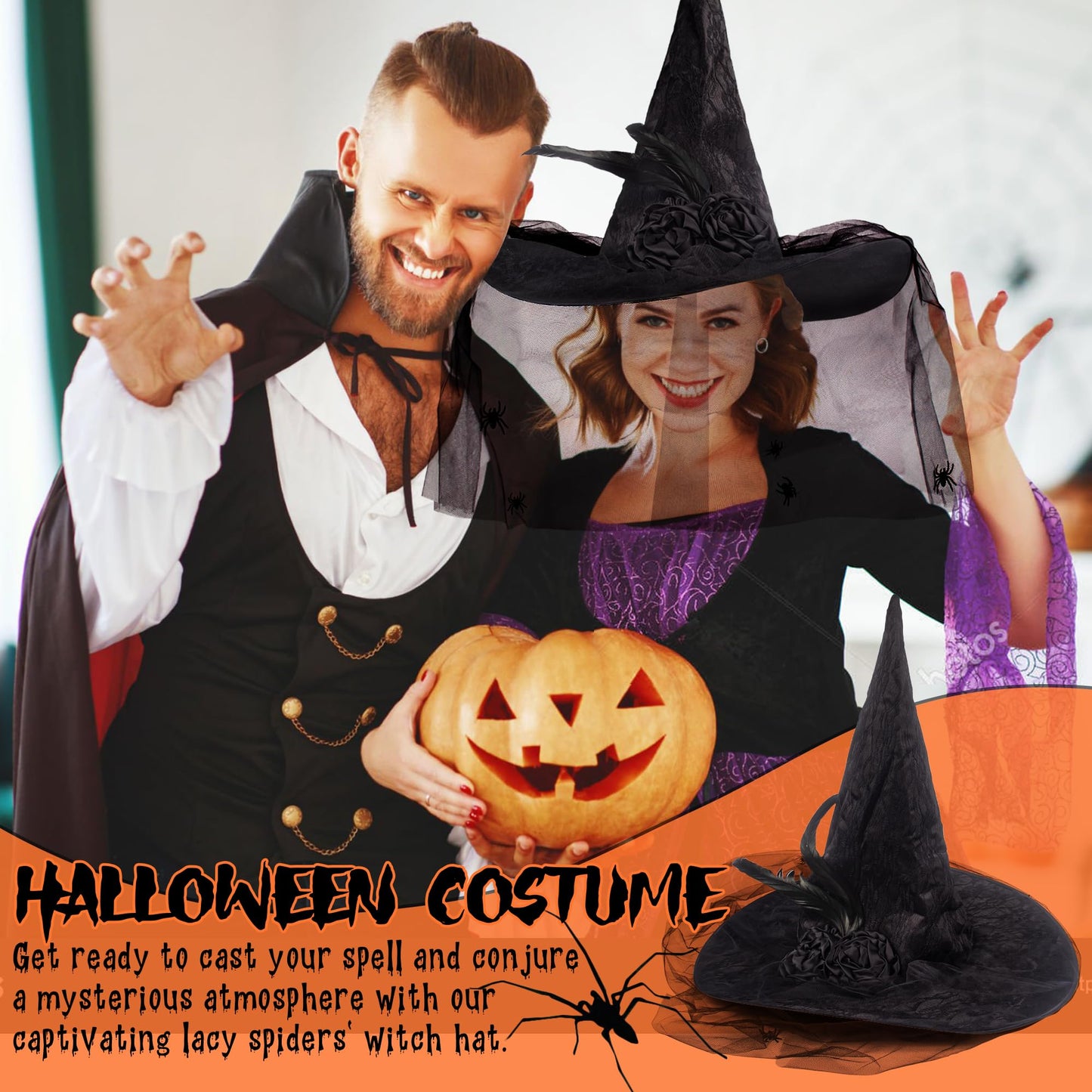 Edussy Lace Halloween Witch Hat with Veil Halloween Costume Witches Hats for Women Accessories