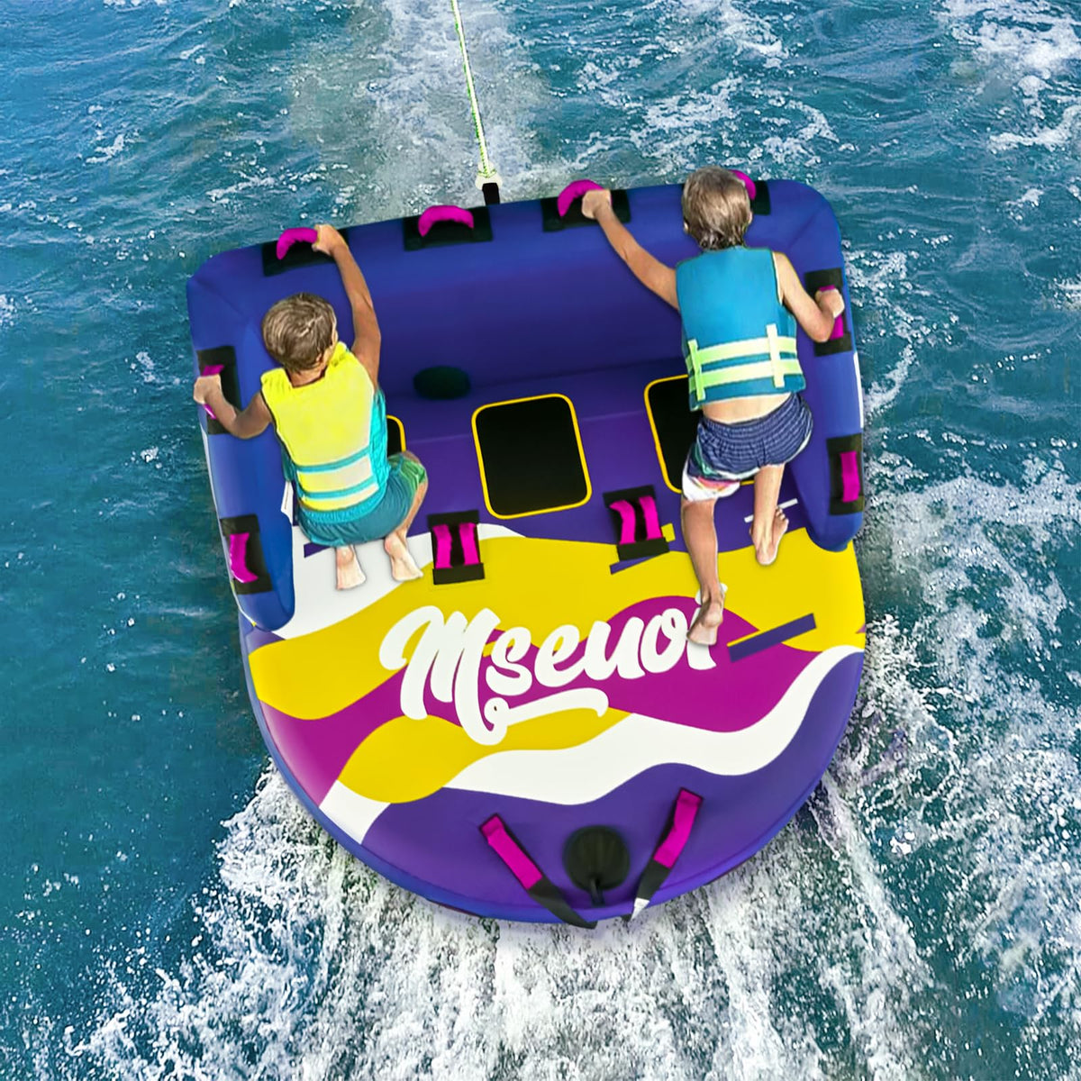 MSEUOI Inflatable Water Towable Tube for Boats Heavy-Duty 1-3 Rider Tow Tube with Reinforced Handles, Quick-Connect Tow Rope, Rapid Air Valve (Bright Blue Mutil, 3)