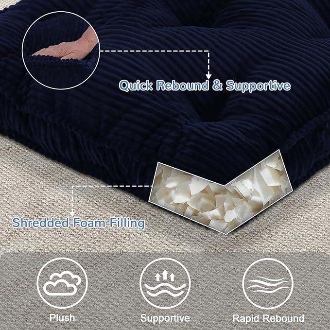PRIMEPATIO Square Floor Pillow for Adults, Tufted Floor Cushion for Sitting, Large Meditation Cushion, Thick Corduroy Seat with Handle, Tatami Seating for Yoga, 24x24 Inch Navy Blue, 2Pack
