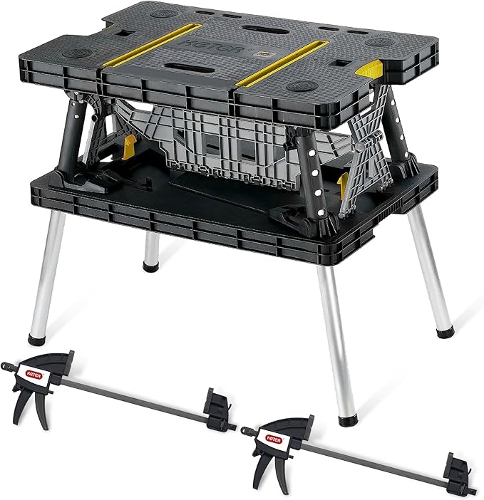 Keter Folding Work Table, Portable Workbench w/ 12" Clamps for Garage/Wood Shop - Heavy-Duty and All-Weather for DIY Home ...