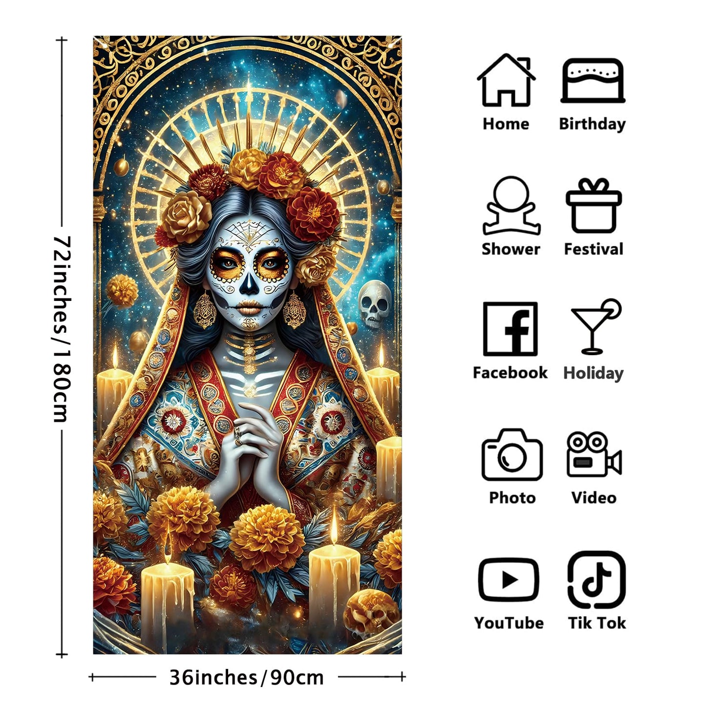 Dia De Los Muertos Door Cover Day of The Dead Front Porch Door Sign Banner Gothic Halloween Sugar Skull Marigold Flowers Decorations and Supplies for Home