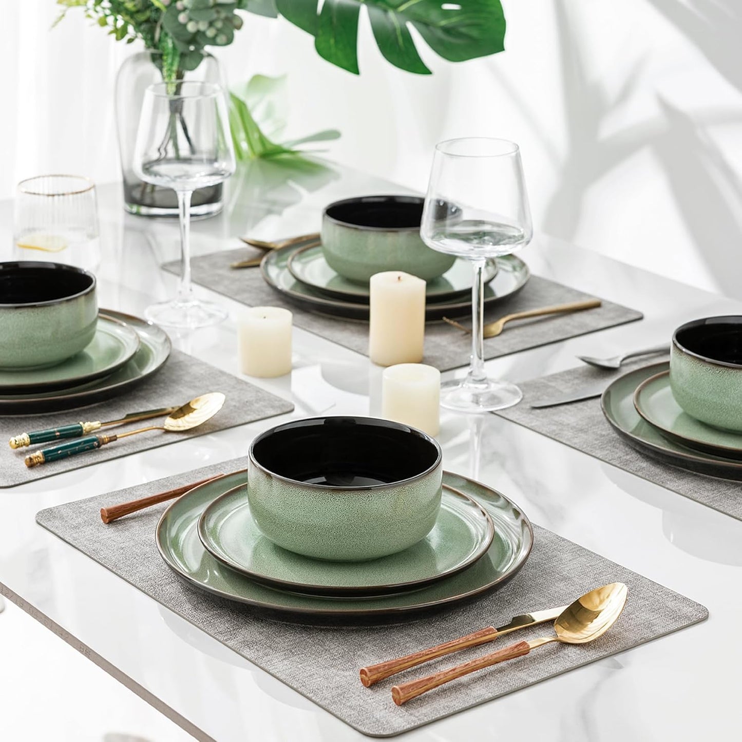 LERATIO Ceramic Dinnerware Sets for 4,12 Pieces Poreclain Plates and Bowls Sets,Scratch Resistant Dishes,Dishwasher & Microwave Safe Dishes Set,Service for 4-Light Geen