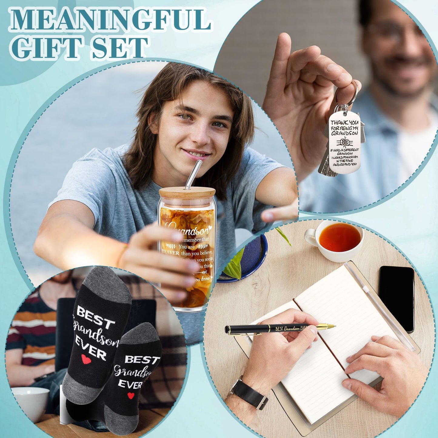 Teenyyou 5 Pcs Grandson Gifts from Grandma Grandpa Birthday Christmas Back to School Wedding Funny 16 oz Glass Cups Best Grandson Ever Socks Keychain Leather Refillable Journal Notebook Ballpoint Pen