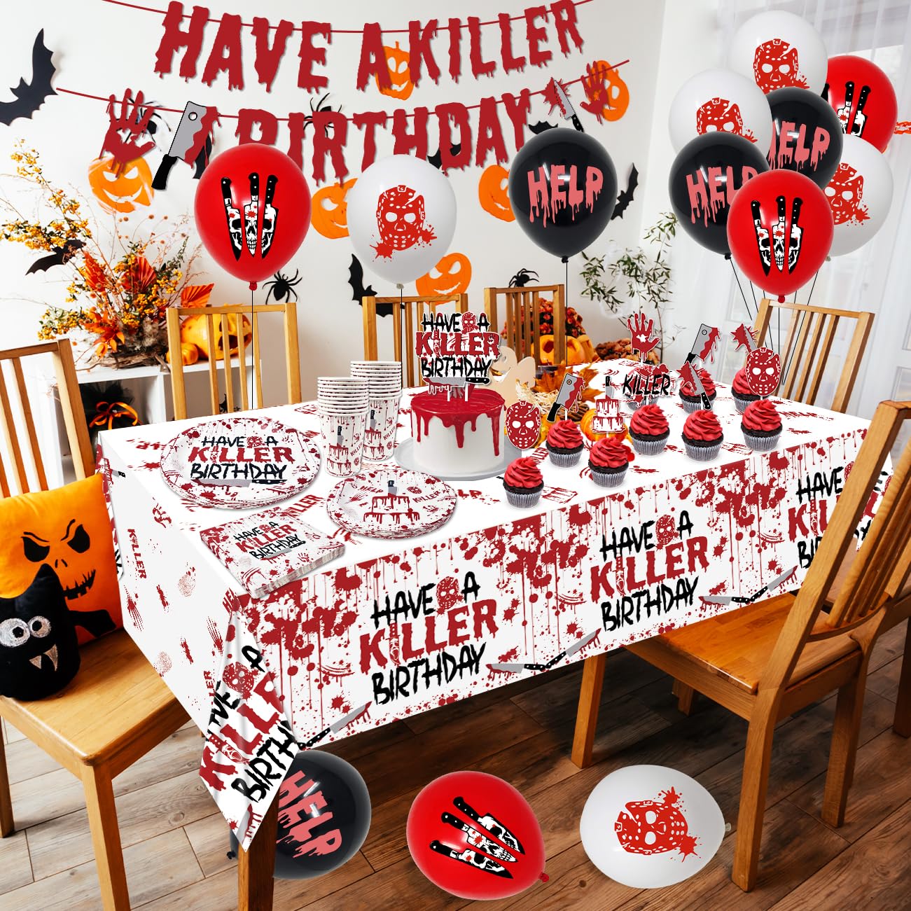 Halloween Birthday Party Decorations Have a Killer Birthday Decorations Scary Bloody Hand Plates Napkins Cups Have a Killer Banner Tablecloth Balloon for Halloween Horror Movie Decor