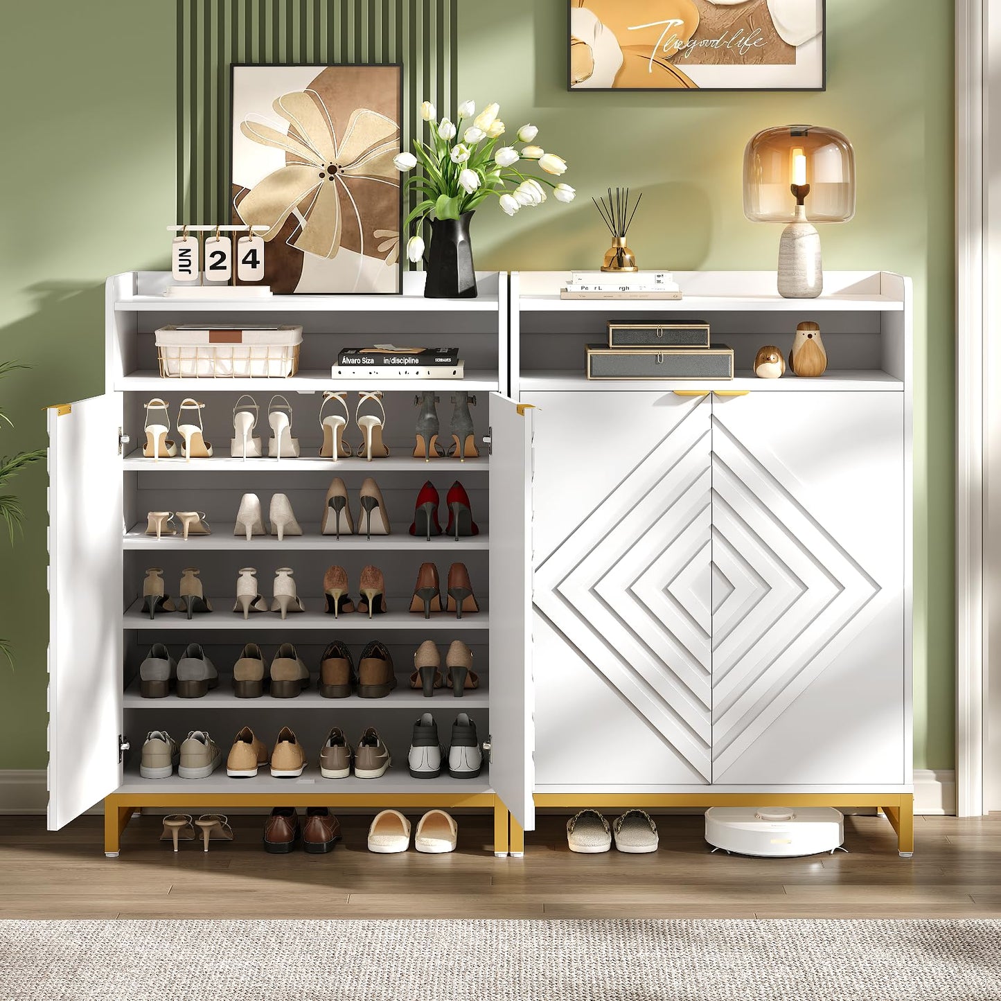ONBRILL Shoes Cabinet for Entryway,6-Tier Shoe Storage Cabinet with Hombus Line Doors and Adjustable Shelves, Wooden Shoes Rack Modern Shoe Storage Organizer for Hallway, Living Room, White & Gold