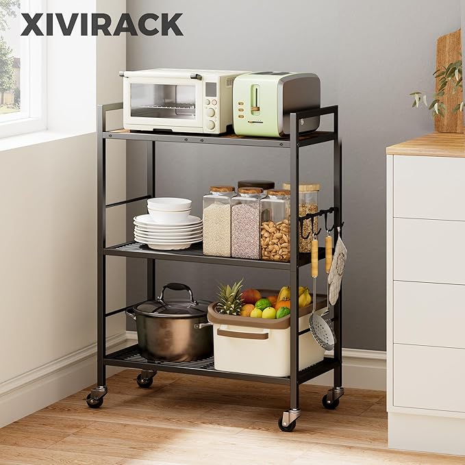 XIVIRACK 3-Tier Metal Storage Rack with Industrial Wheels,Mesh Shelving Unit with Wooden Table top,Adjustable Shelf,23.6-Inch Width,for Kitchen,Laundry,Pantry,Plant,Black