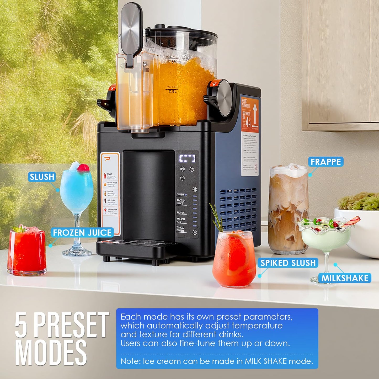 Slushie Machine for Home,No Ice Needed Frozen Drink Maker with 5 Presets Modes,Perfect for Slush,Frozen Juice,Frappe,Milk Shake,Spiked Slush,Adjustable Temperature