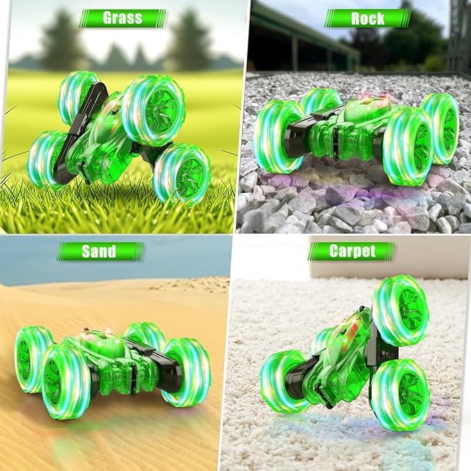 Remote Control Car-Rechargeable Fast Direct Charging RC Cars For Kids with Colorful Light,Double-Sided 360° Rotating Stunt 4WD RC Truck Car Toys for Ages 5-7 Gift for Boys Girls Aged 8-12 Green