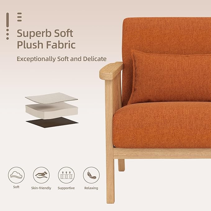 SEYNAR Mid-Century Accent Chair, Linen Fabric Armchair and Lounge Chair with Lumbar Pillow, Wide Seat & Solid Wood Frame for Living Room, Bedroom or Balcony (Orange)