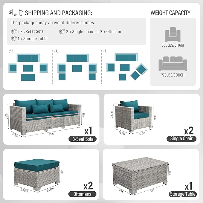 WAROOM Patio Furniture Set 6 Piece Outdoor Patio Set Grey Wicker Balcony Furniture Conversation Sets PE Rattan Couch Sofa with Coffee Table, Peacock Blue Cushion